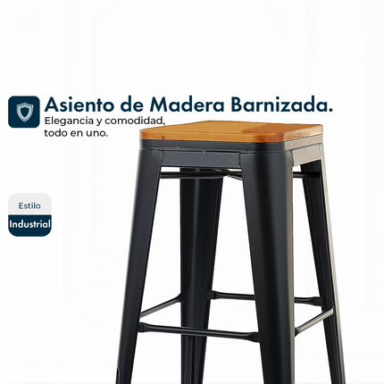 Set 2 Banquetas Tolix 75cm Asiento de Madera