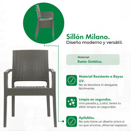 Mesa Monaco Rattan 90x90 + 4 Sillones Milano