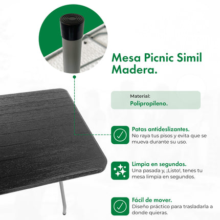 Set Mesa Plegable Picnic 1.80 cm Simil Madera + 6 Sillas Plegables Paris