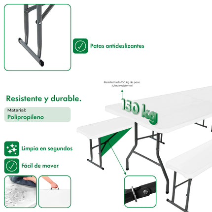 Mesa Picnic Plegable 180 + 2 Bancos + 2 Sillas Paris