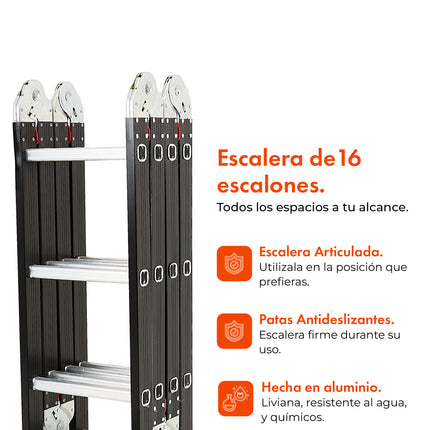 Escalera De Aluminio 16 Escalones Articulada + Plataforma