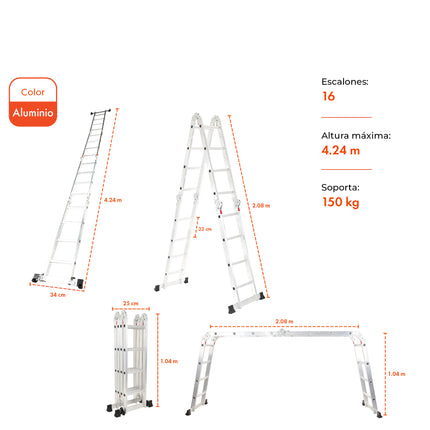 Escalera De Aluminio 16 Escalones Articulada + Plataforma