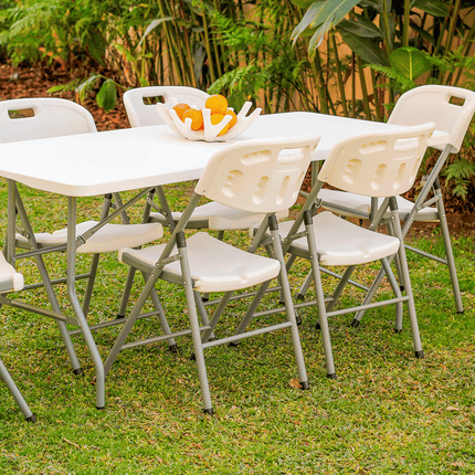 Set Mesa Plegable Picnic 1.80 cm Simil Madera + 6 Sillas Plegables Paris